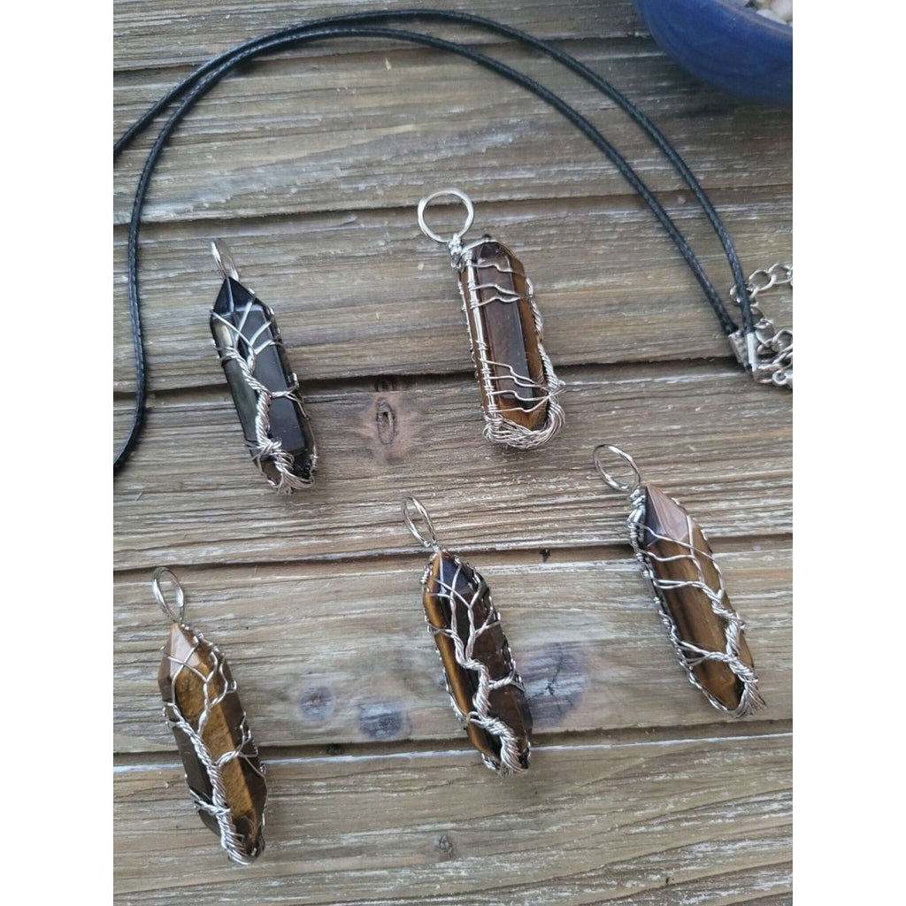 Natural Tiger Eye Big Wire Wrapped Pendants and Cord , Brass Wires, prismatic with Tree of Life / Crystal Jewelry -crystal pendant