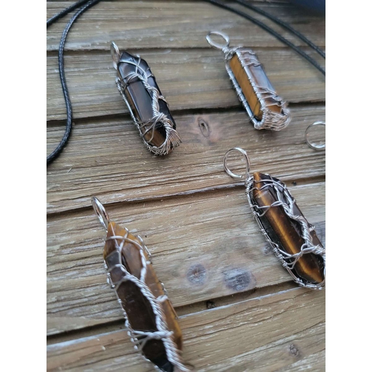Natural Tiger Eye Big Wire Wrapped Pendants and Cord , Brass Wires, prismatic with Tree of Life / Crystal Jewelry -crystal pendant
