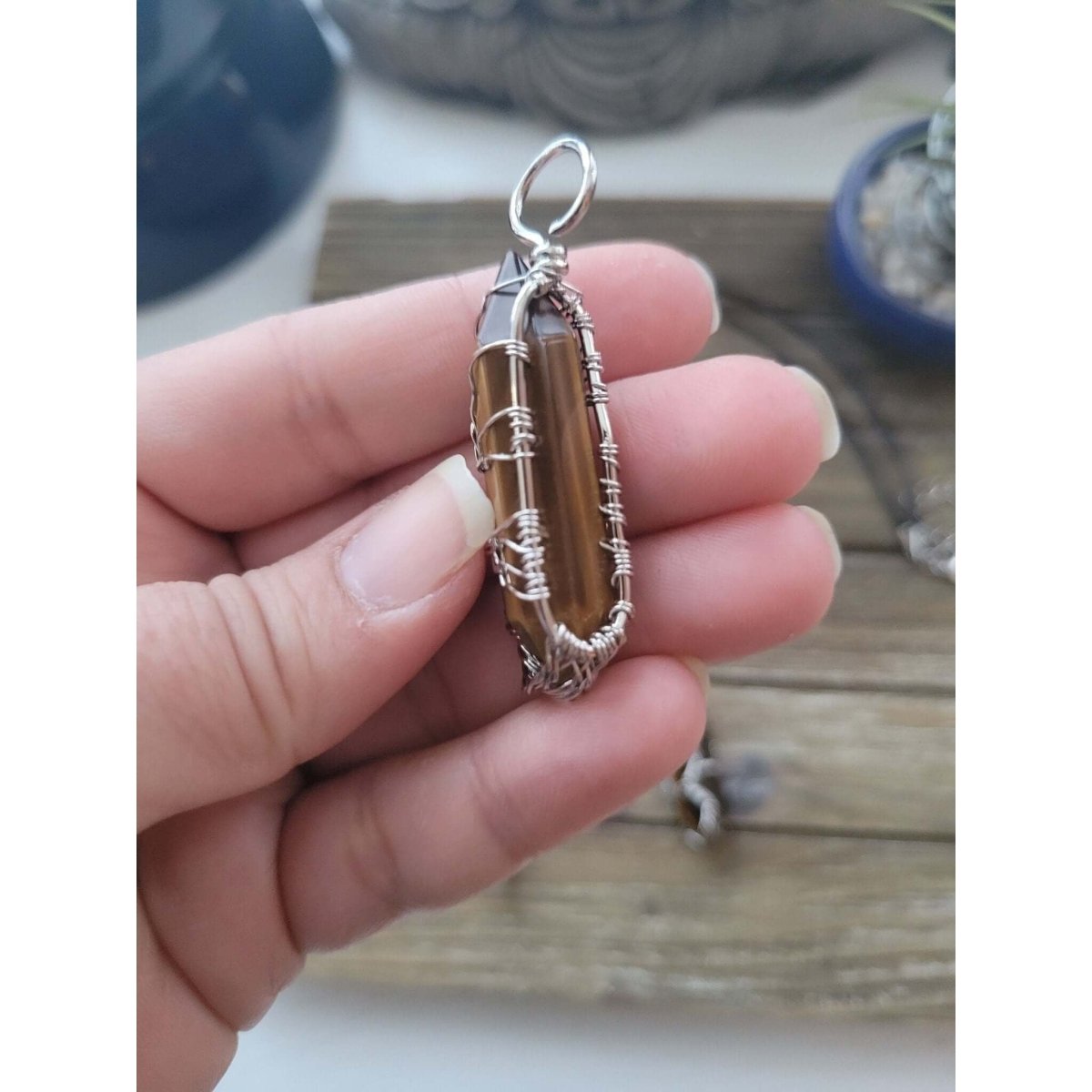 Natural Tiger Eye Big Wire Wrapped Pendants and Cord , Brass Wires, prismatic with Tree of Life / Crystal Jewelry -crystal pendant