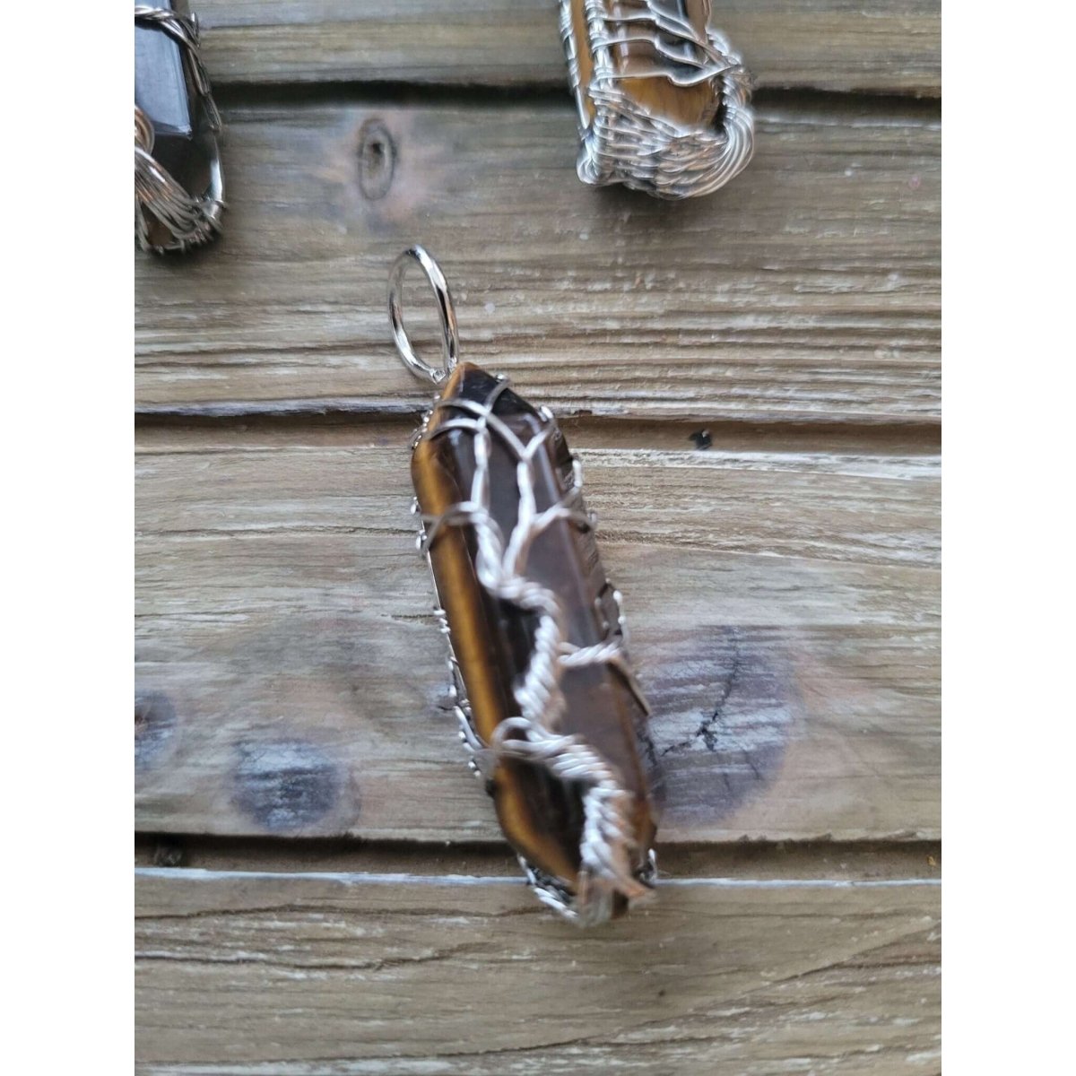 Natural Tiger Eye Big Wire Wrapped Pendants and Cord , Brass Wires, prismatic with Tree of Life / Crystal Jewelry -crystal pendant