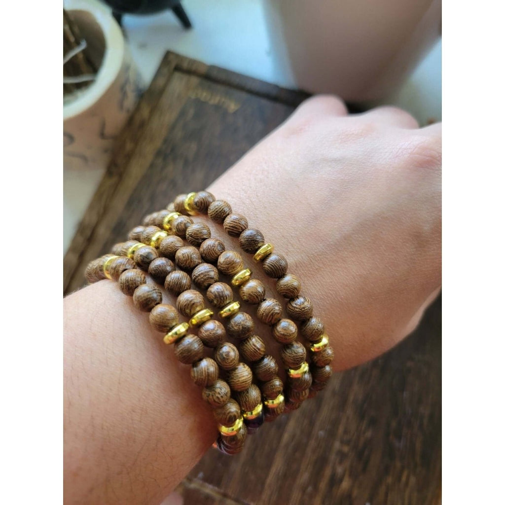 Natural Wenge Wood & Gemstone Round Beaded Stretch Bracelet -Bracelets