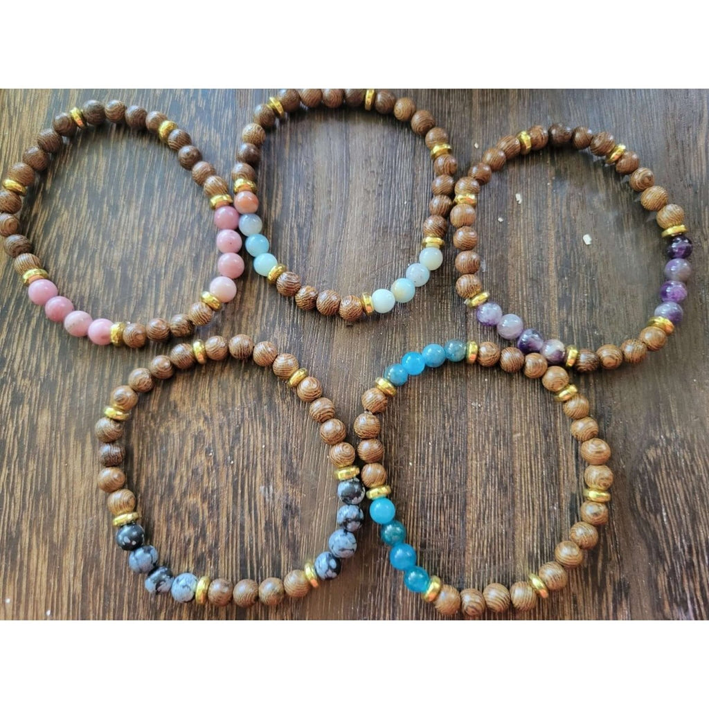 Natural Wenge Wood & Gemstone Round Beaded Stretch Bracelet -Bracelets