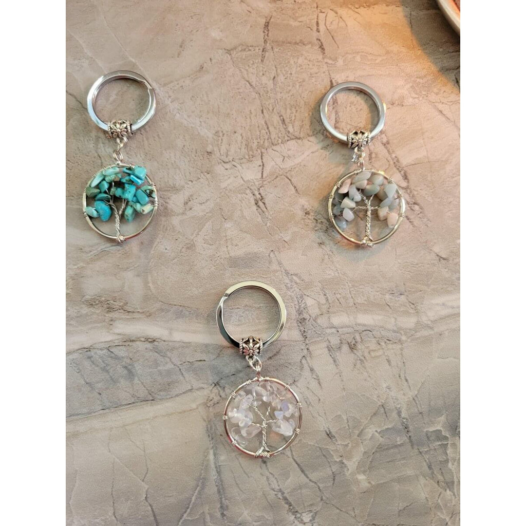 Natural/Synthetic Mixed Stone Keychain, Flat Round with Tree of Life -