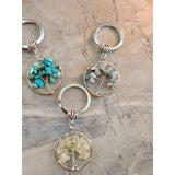 Natural/Synthetic Mixed Stone Keychain, Flat Round with Tree of Life -