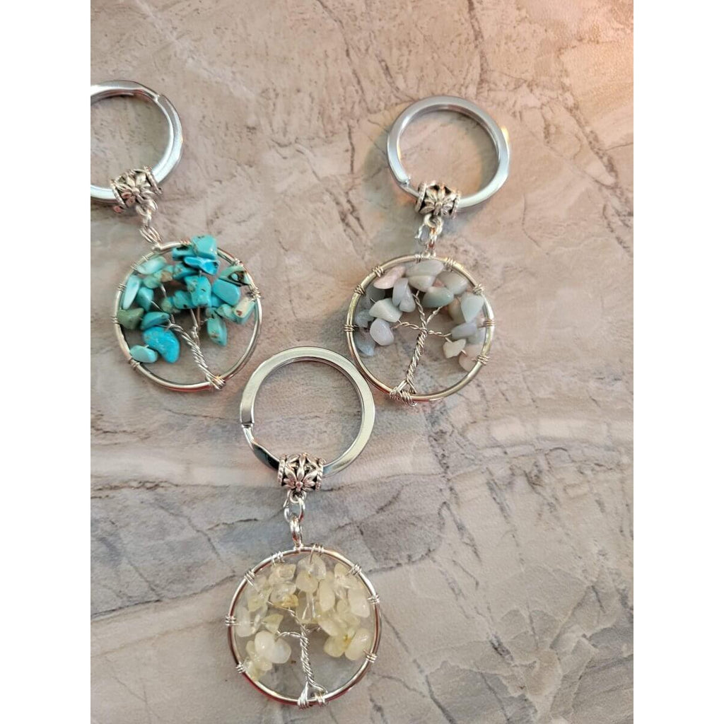 Natural/Synthetic Mixed Stone Keychain, Flat Round with Tree of Life -