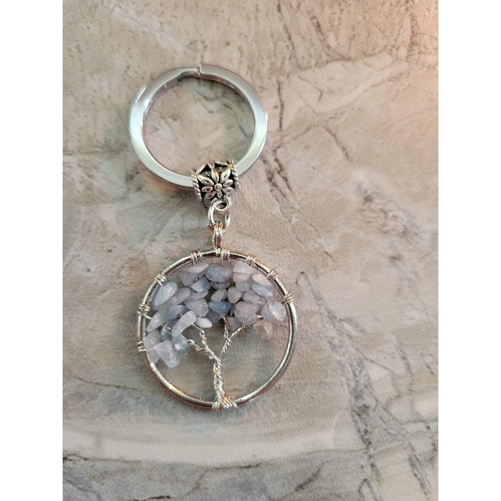Natural/Synthetic Mixed Stone Keychain, Flat Round with Tree of Life -