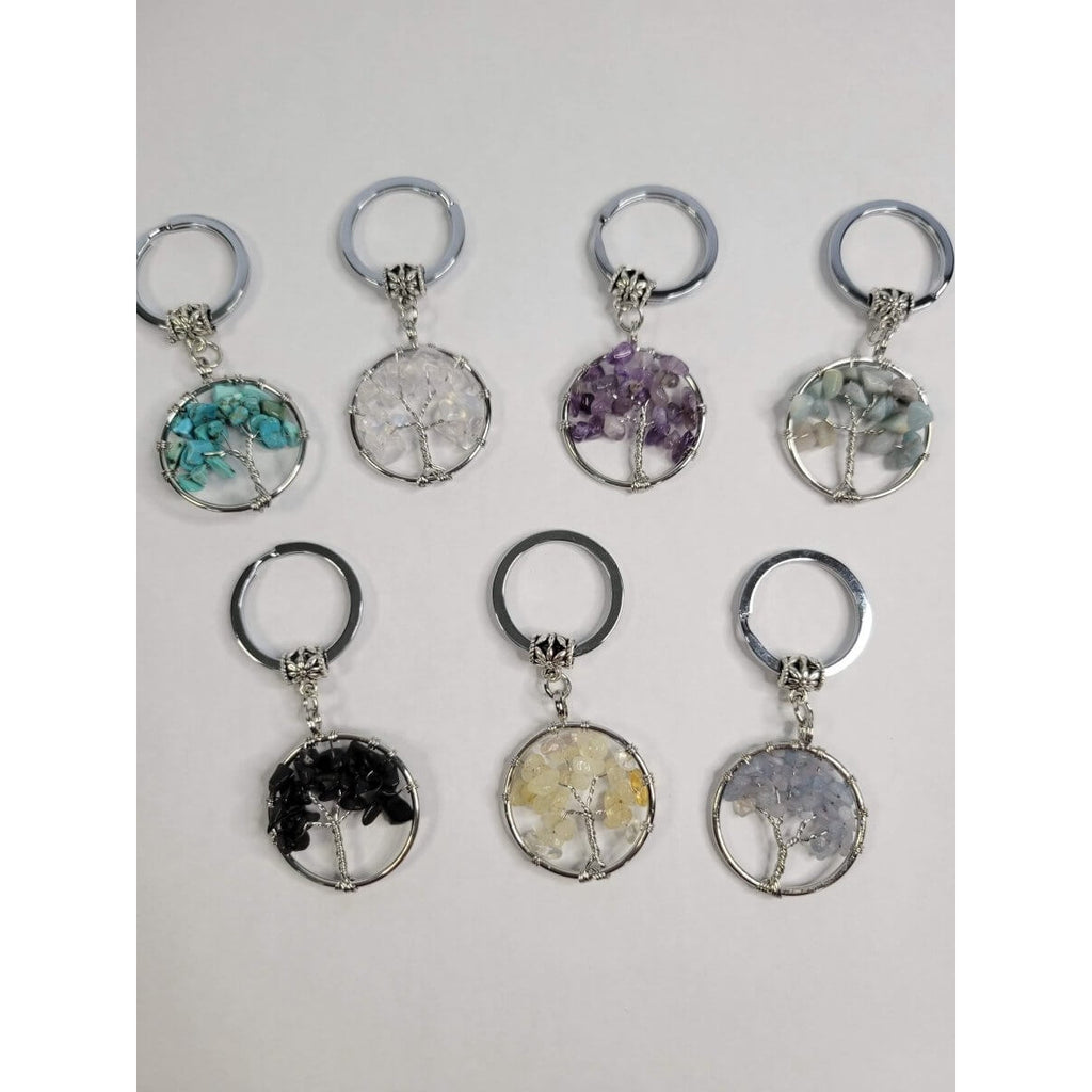 Natural/Synthetic Mixed Stone Keychain, Flat Round with Tree of Life -