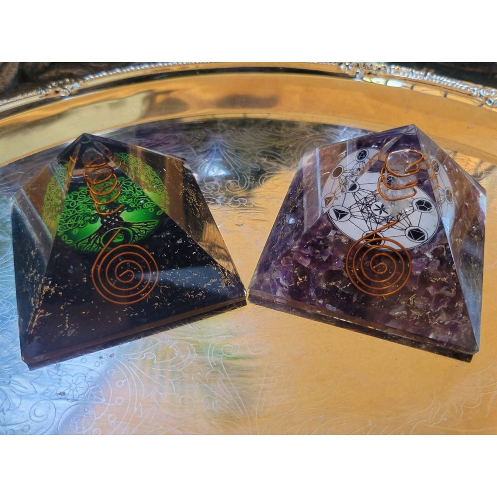 Orgone Energy Pyramid Black Tourmaline Tree of Life/Orgone Energy Pyramid Amethyst W/ Metatron -