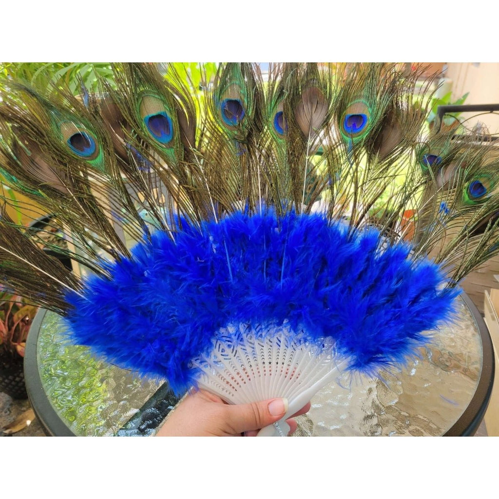 Peacock Feather Fan with Blue , Yellow Marabou, Feather Fan , Altar Decoration -