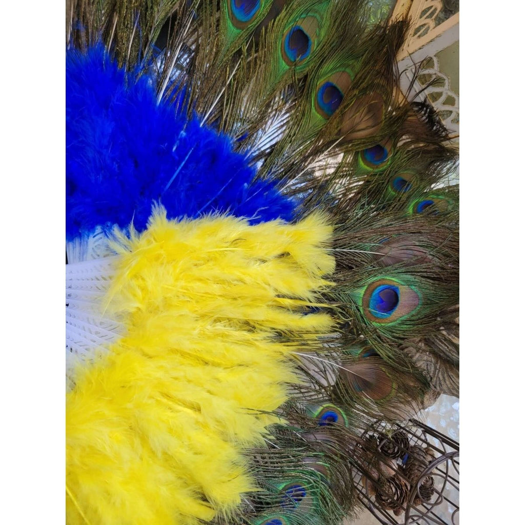 Peacock Feather Fan with Blue , Yellow Marabou, Feather Fan , Altar Decoration -