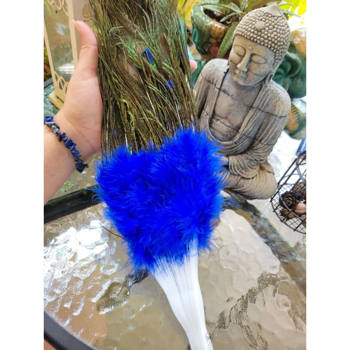 Peacock Feather Fan with Blue , Yellow Marabou, Feather Fan , Altar Decoration -