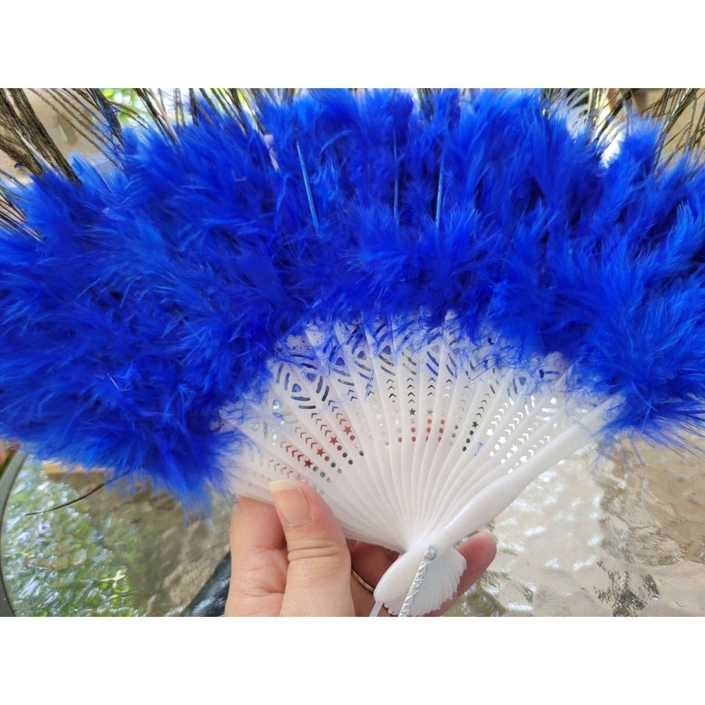 Peacock Feather Fan with Blue , Yellow Marabou, Feather Fan , Altar Decoration -