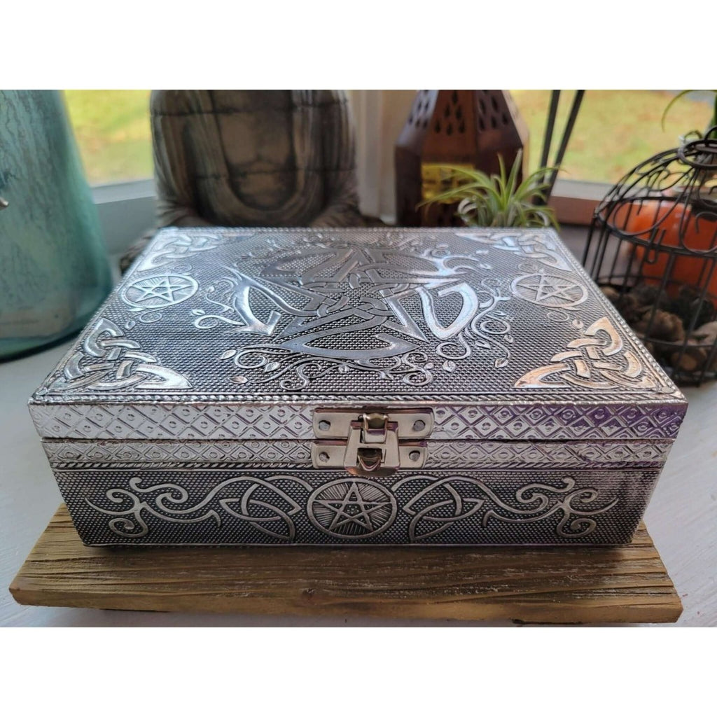 Pentagram carved metal over wood/ tarot box/ altar box -