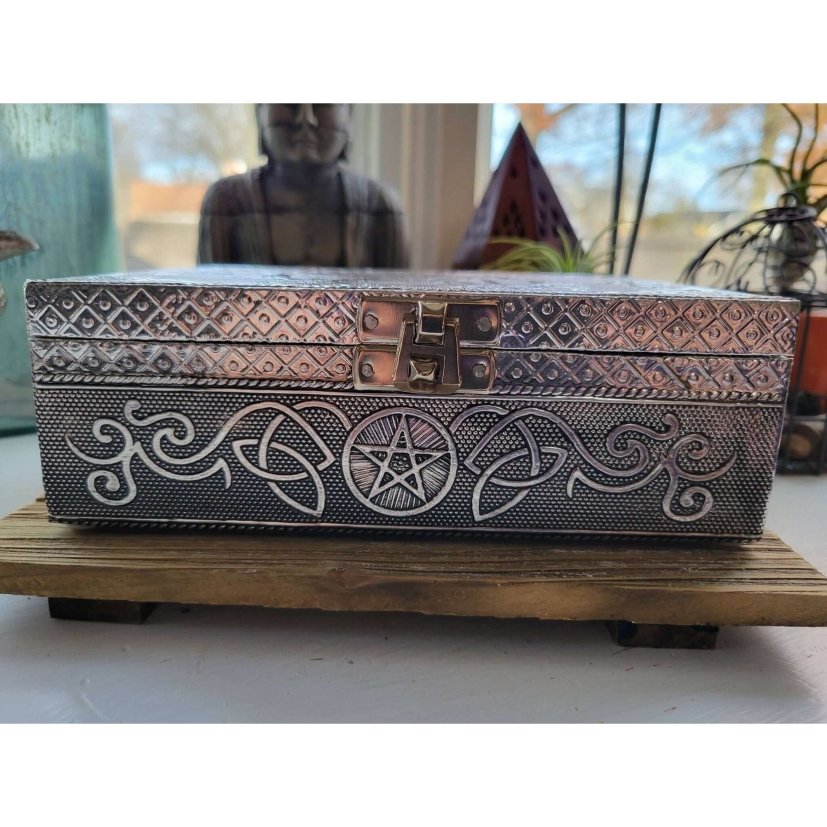 Pentagram carved metal over wood/ tarot box/ altar box -