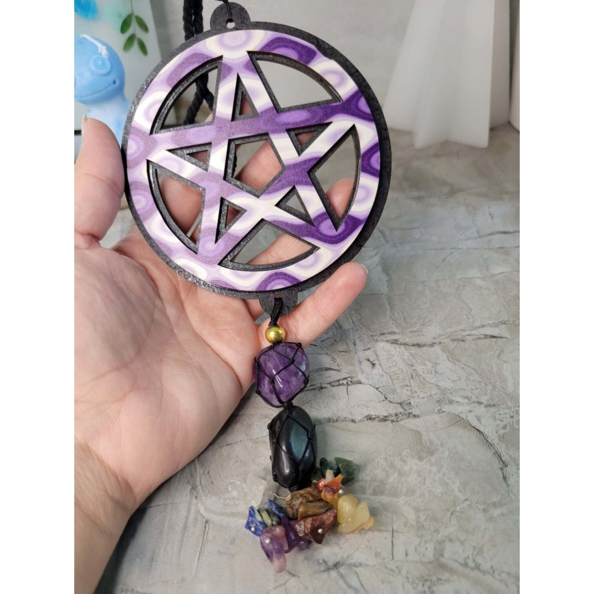 Pentagram Tie Dye Wooden Wall/Car hanging w/ Tumble Stones -Decor