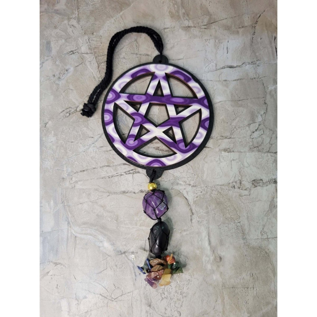 Pentagram Tie Dye Wooden Wall/Car hanging w/ Tumble Stones -Decor