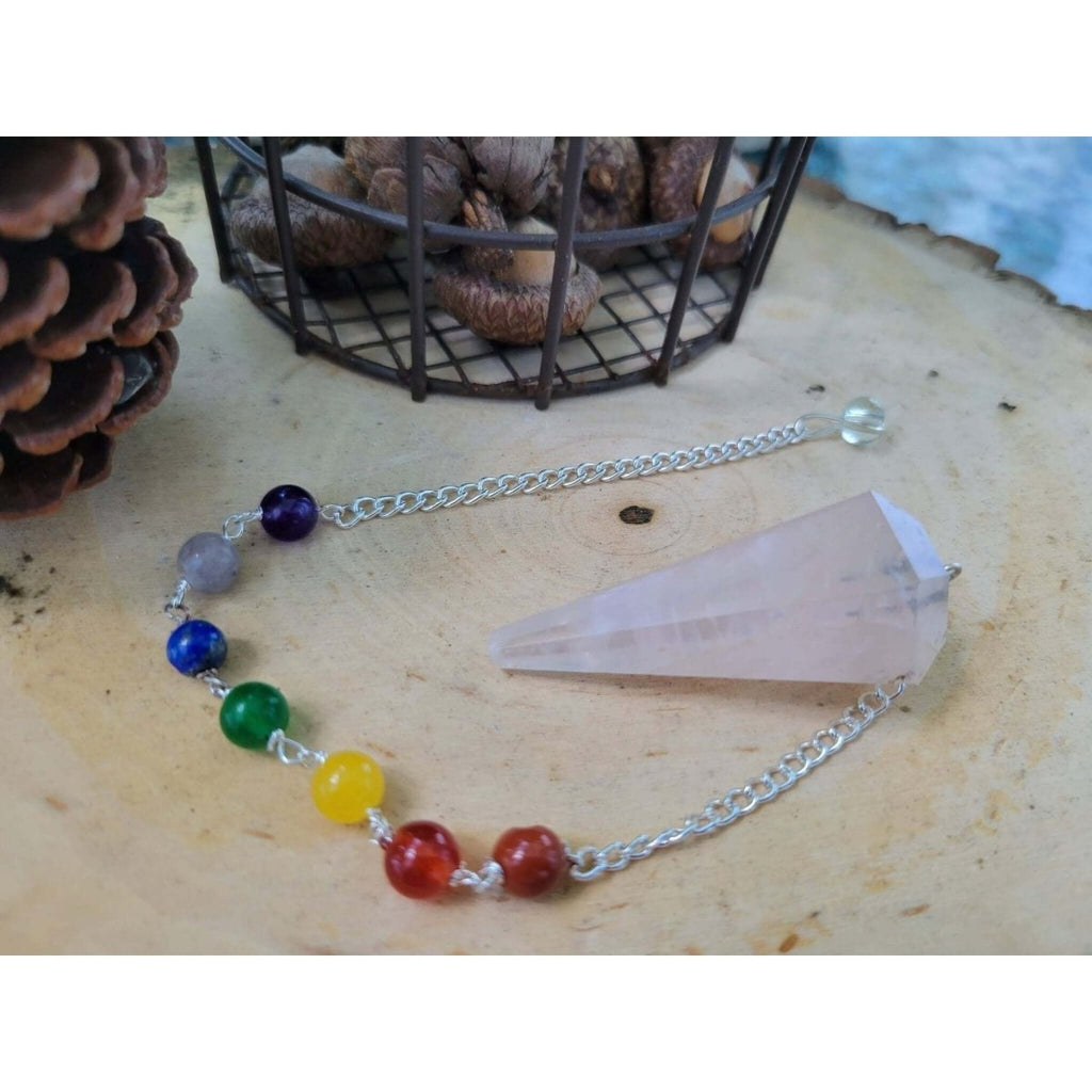 Rose Quartz 7 chakra chain Pendulum, Divination Tool, Crystal Pendulum, Reiki Charged, Energy Balancing -
