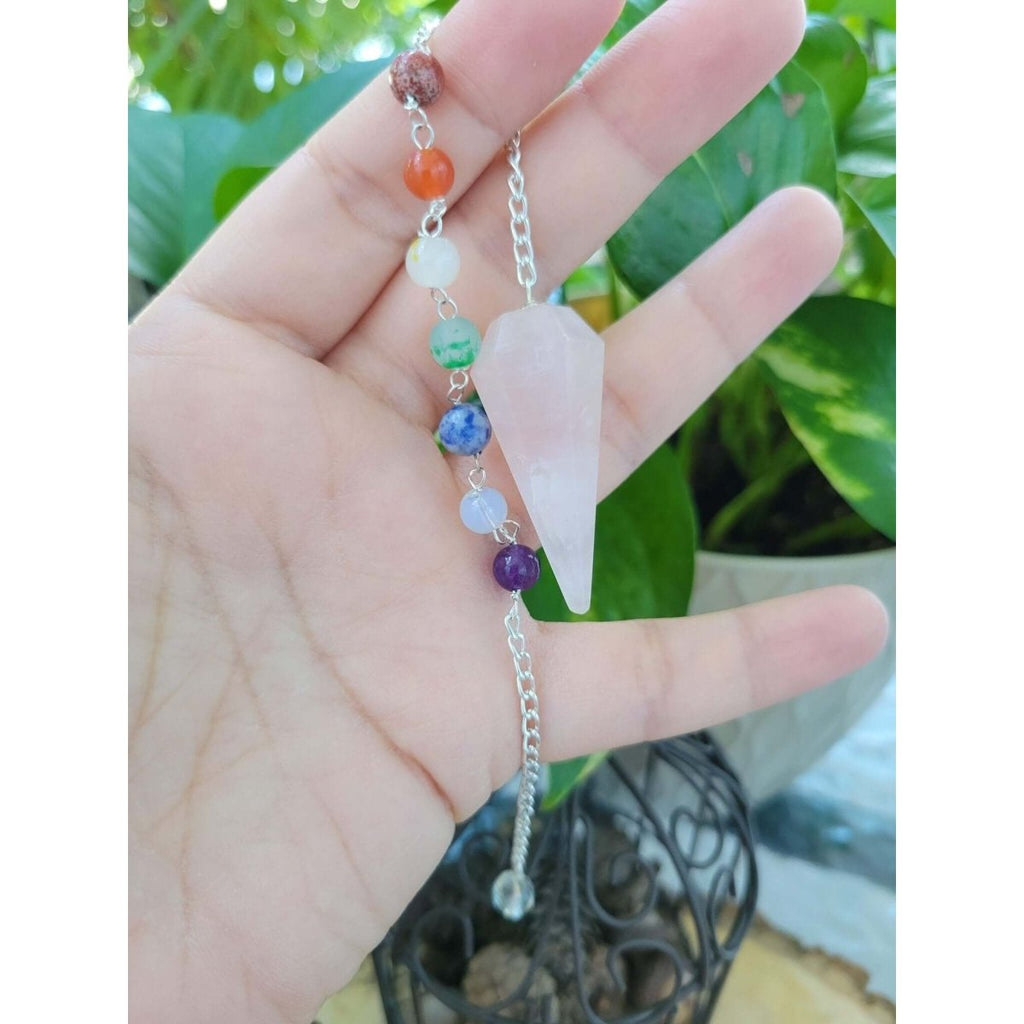 Rose Quartz 7 chakra chain Pendulum, Divination Tool, Crystal Pendulum, Reiki Charged, Energy Balancing -