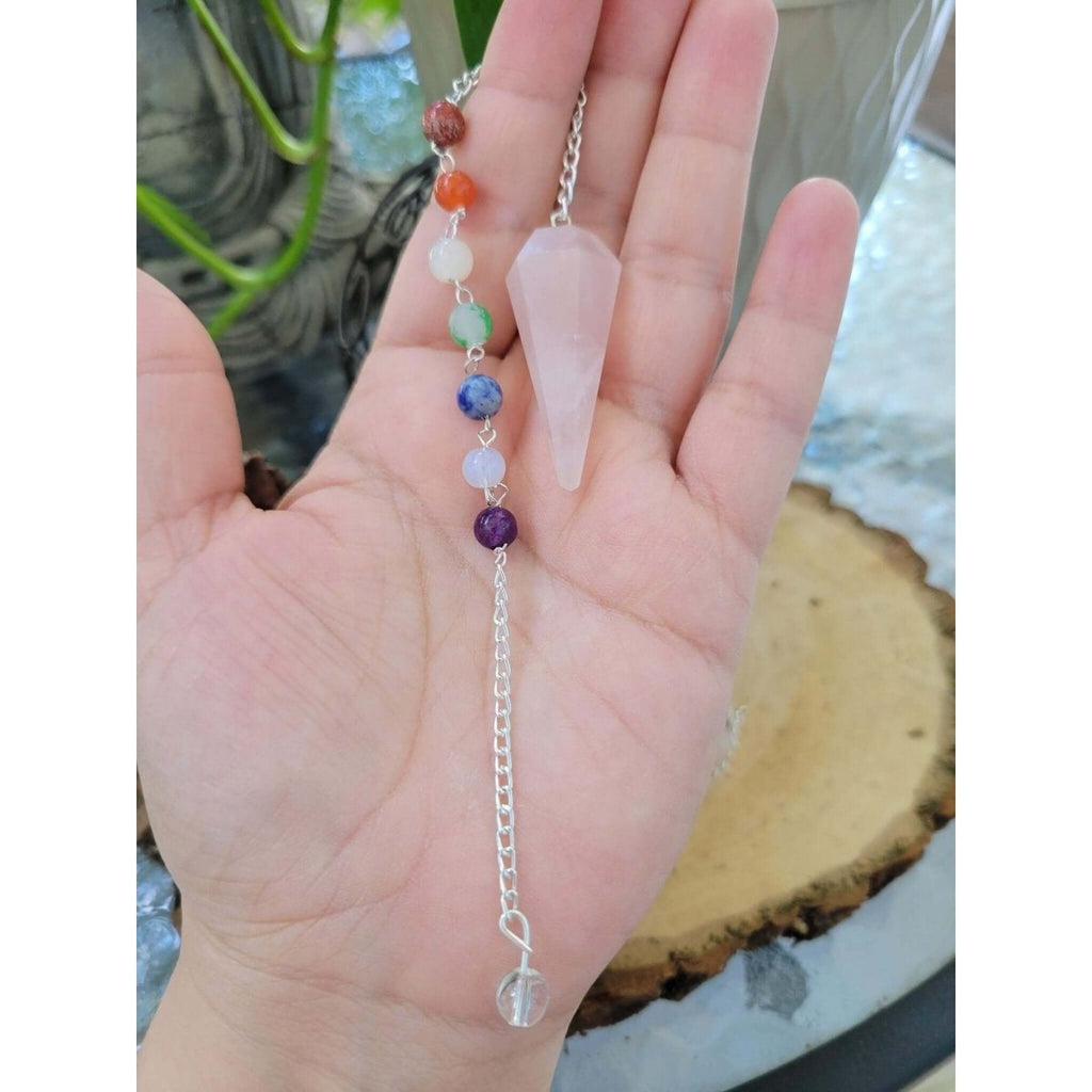 Rose Quartz 7 chakra chain Pendulum, Divination Tool, Crystal Pendulum, Reiki Charged, Energy Balancing -