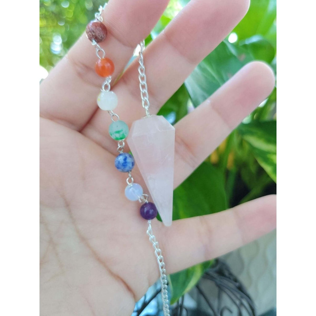 Rose Quartz 7 chakra chain Pendulum, Divination Tool, Crystal Pendulum, Reiki Charged, Energy Balancing -