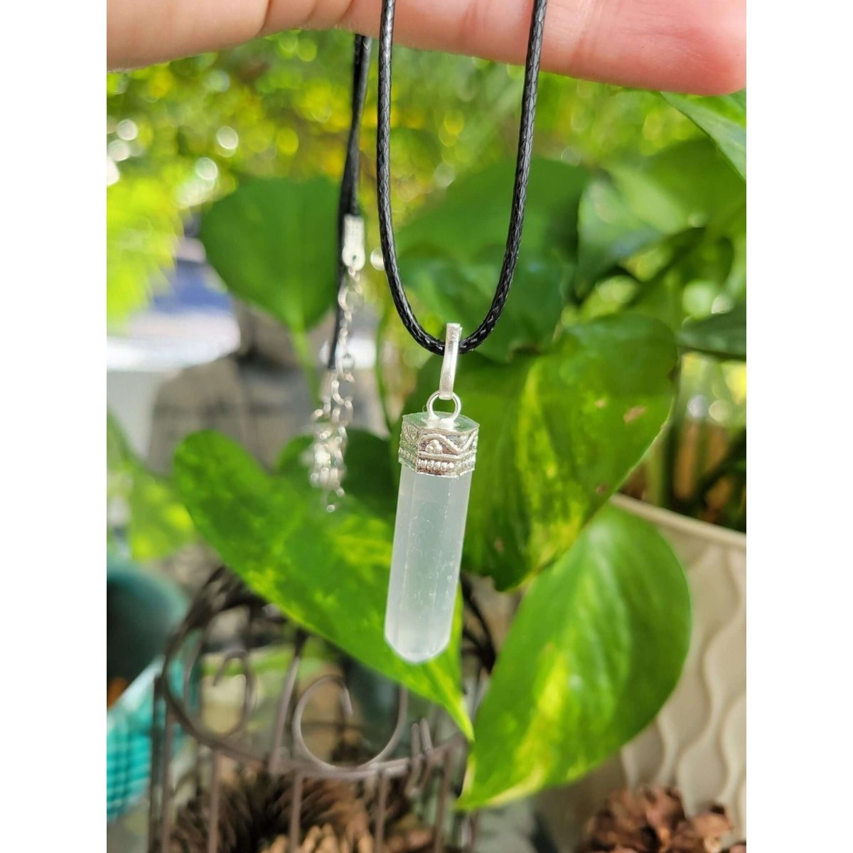 Selenite single Point Pencil Pendant with Cord , Protection Jewelry, Reiki Necklace -