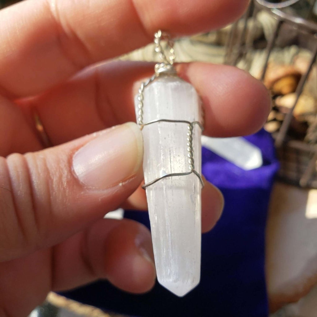 Selenite Wire Wrapped, Pendant, Protection Jewelry, Reiki Necklace -