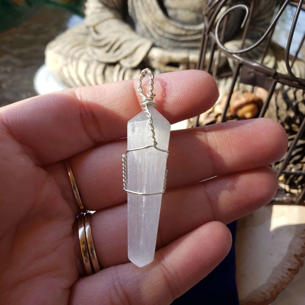Selenite Wire Wrapped, Pendant, Protection Jewelry, Reiki Necklace -