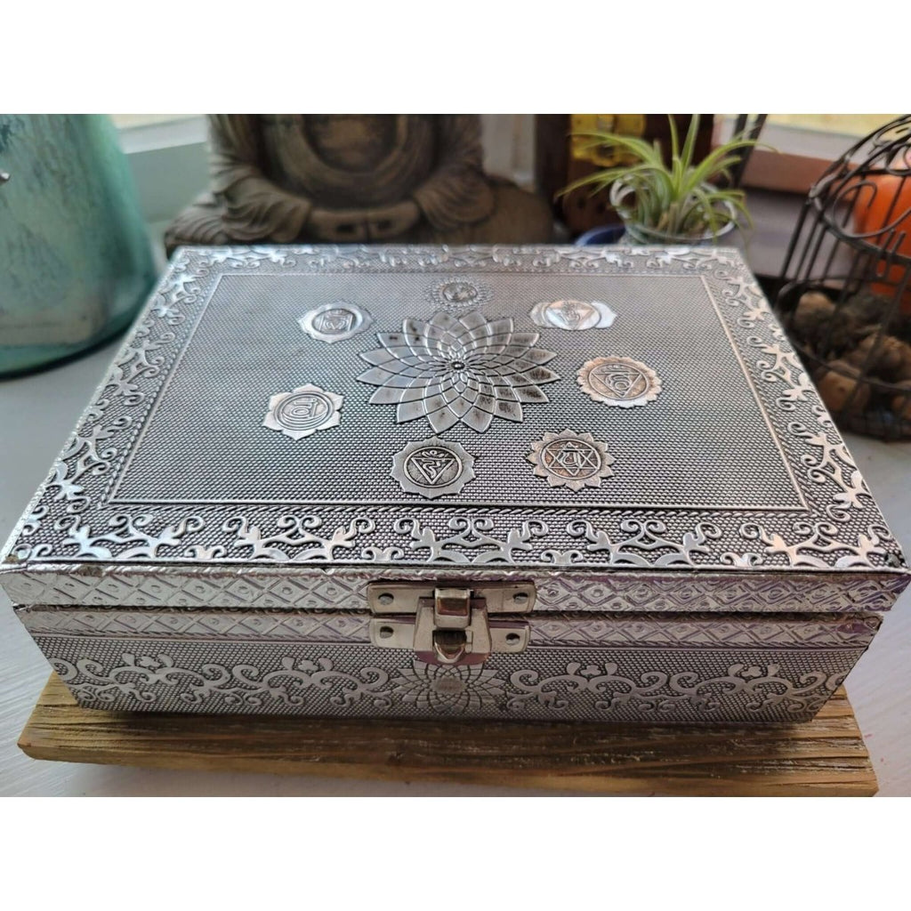 Seven Chakra Carved Metal over Wood/ Tarot Box/ Altar Box -