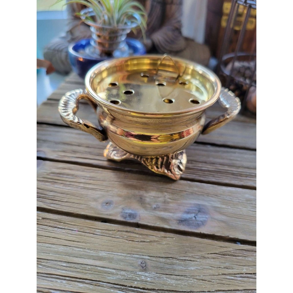 Small Brass Burner/ Cauldron with Screen/ Green Witch Apothecary -