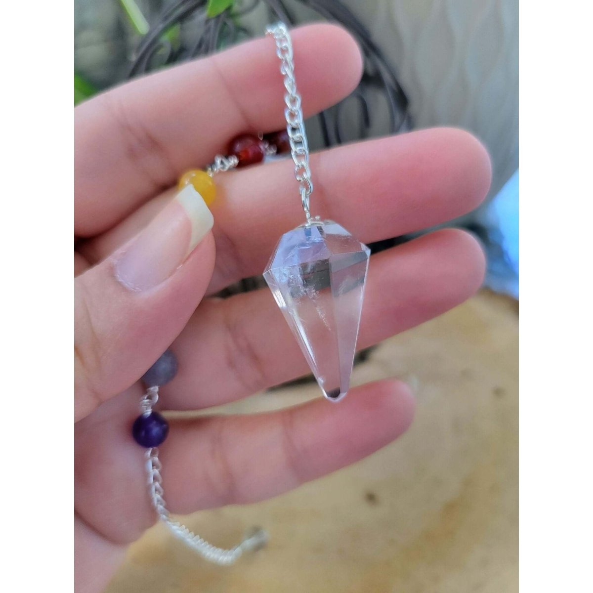 Small Crystal Quartz Pendulum with 7 Chakras Stones in the Chain -