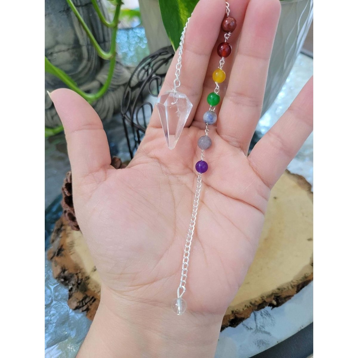 Small Crystal Quartz Pendulum with 7 Chakras Stones in the Chain -