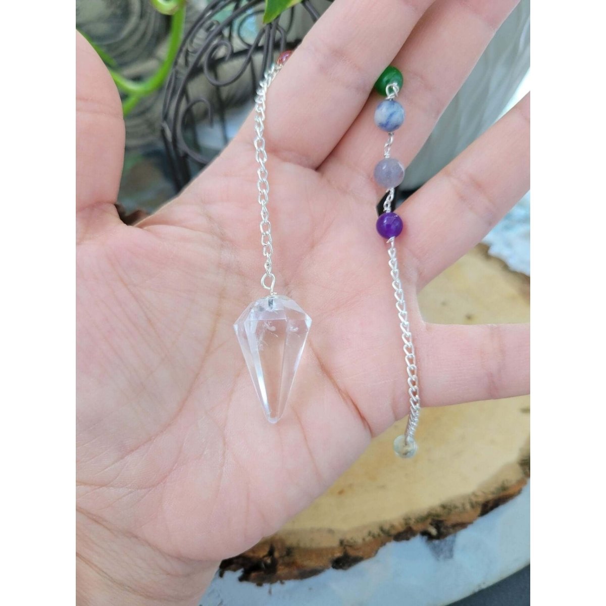 Small Crystal Quartz Pendulum with 7 Chakras Stones in the Chain -