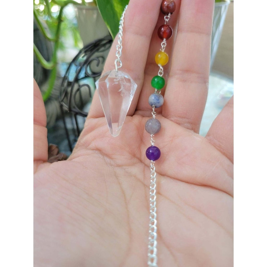 Small Crystal Quartz Pendulum with 7 Chakras Stones in the Chain -