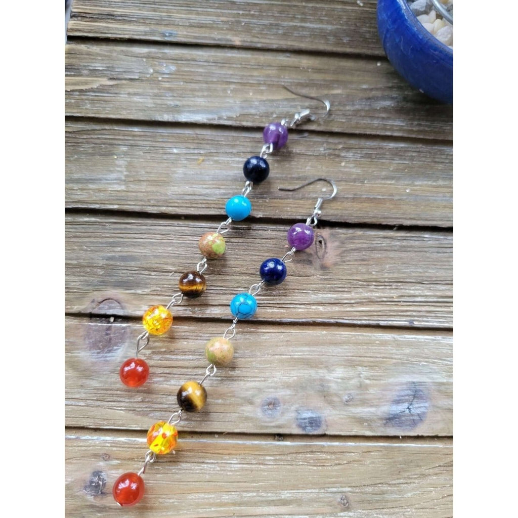 Stacked Stone Beads , Seven Chakras Crystal Earrings -