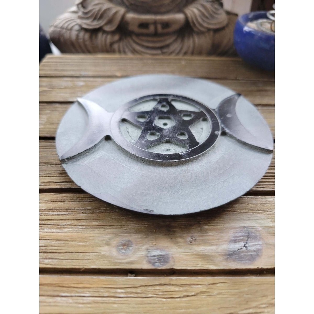 Stone Incense & Cone Burner Round Triple Moon Pentacle 4" -