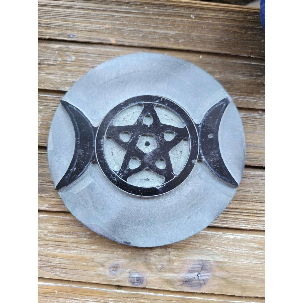 Stone Incense & Cone Burner Round Triple Moon Pentacle 4" -