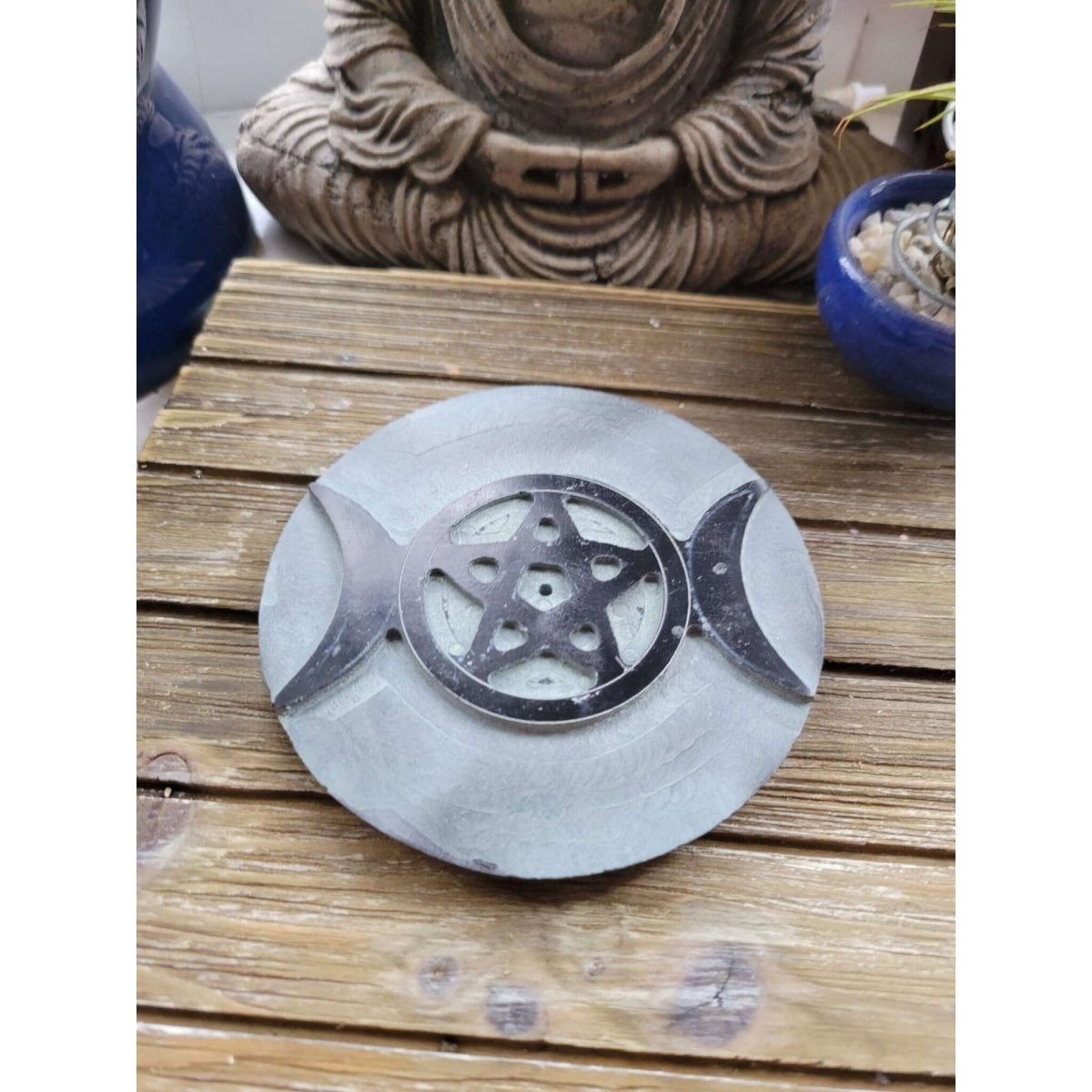 Stone Incense & Cone Burner Round Triple Moon Pentacle 4" -