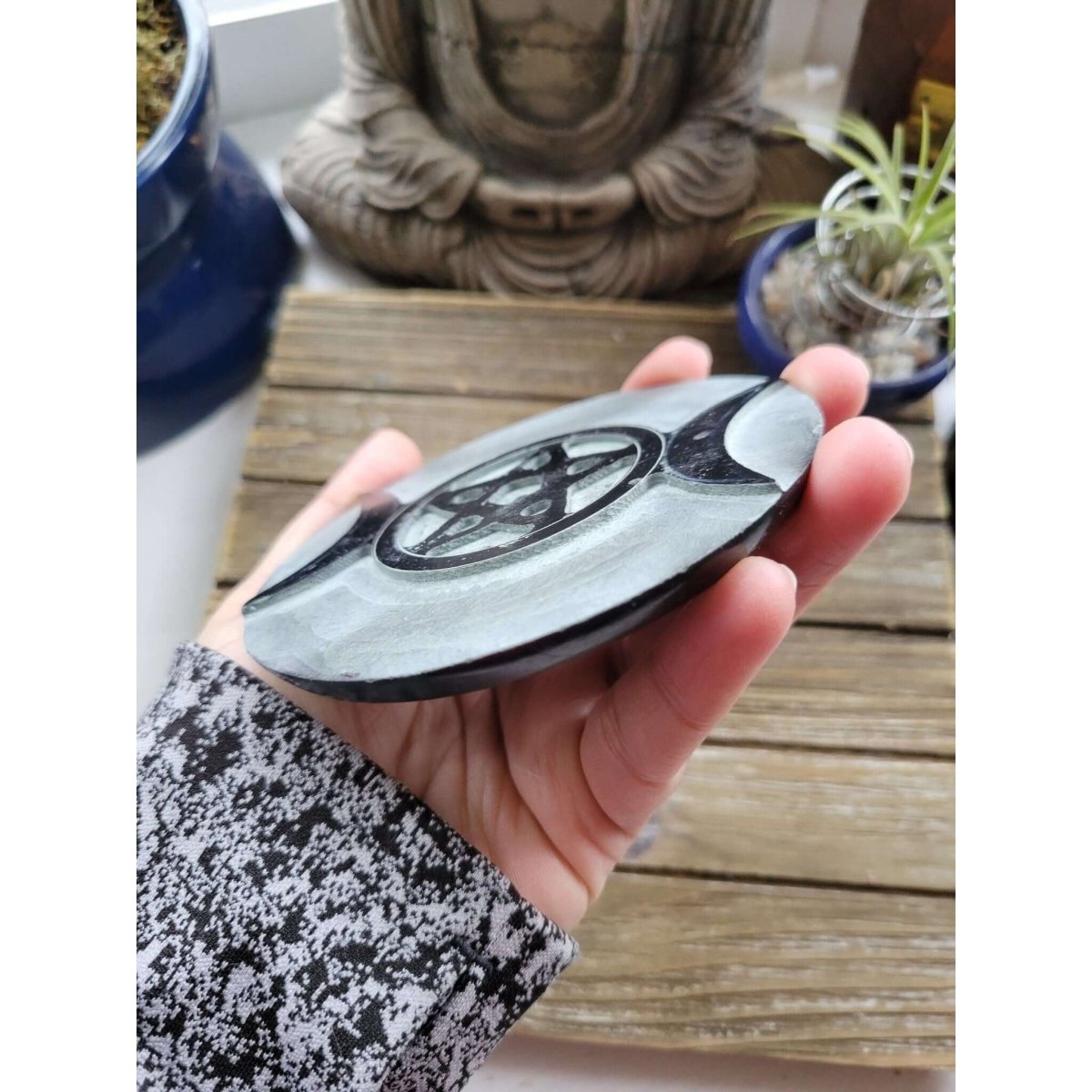 Stone Incense & Cone Burner Round Triple Moon Pentacle 4" -