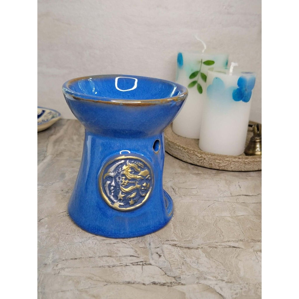 Sun and Moon Blue Oil Burner , Wax Warmer, Metaphysical Décor, Handmade Ceramic -Candle & Oil Warmers