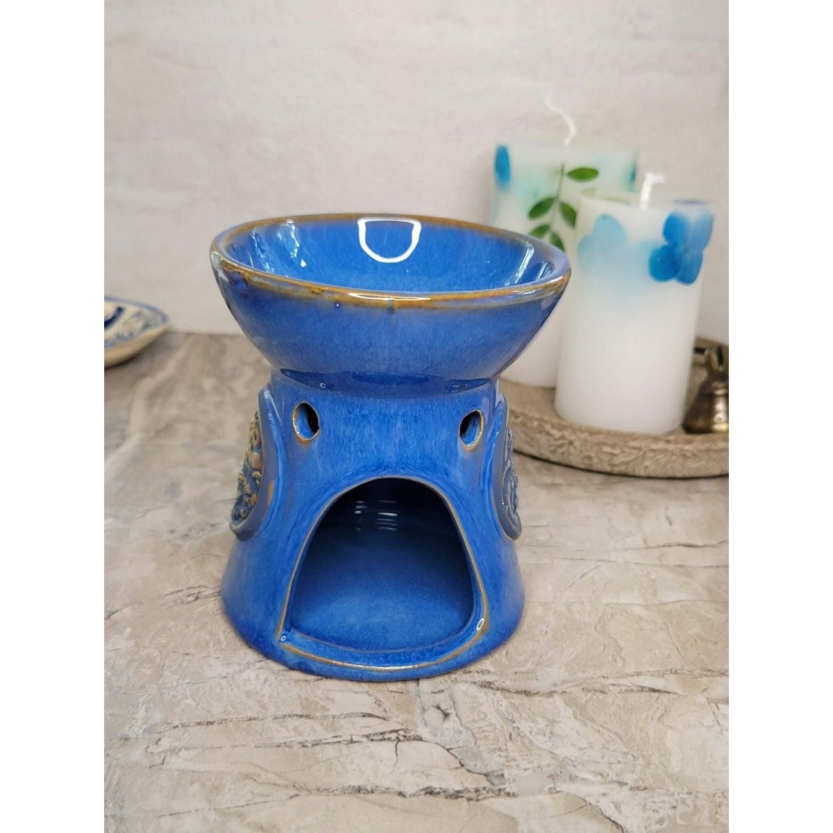 Sun and Moon Blue Oil Burner , Wax Warmer, Metaphysical Décor, Handmade Ceramic -Candle & Oil Warmers
