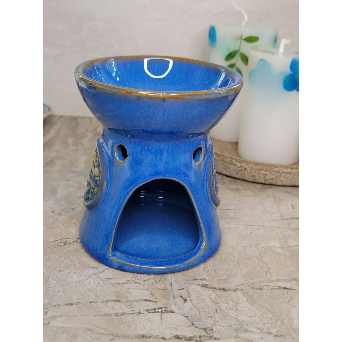 Sun and Moon Blue Oil Burner , Wax Warmer, Metaphysical Décor, Handmade Ceramic -Candle & Oil Warmers