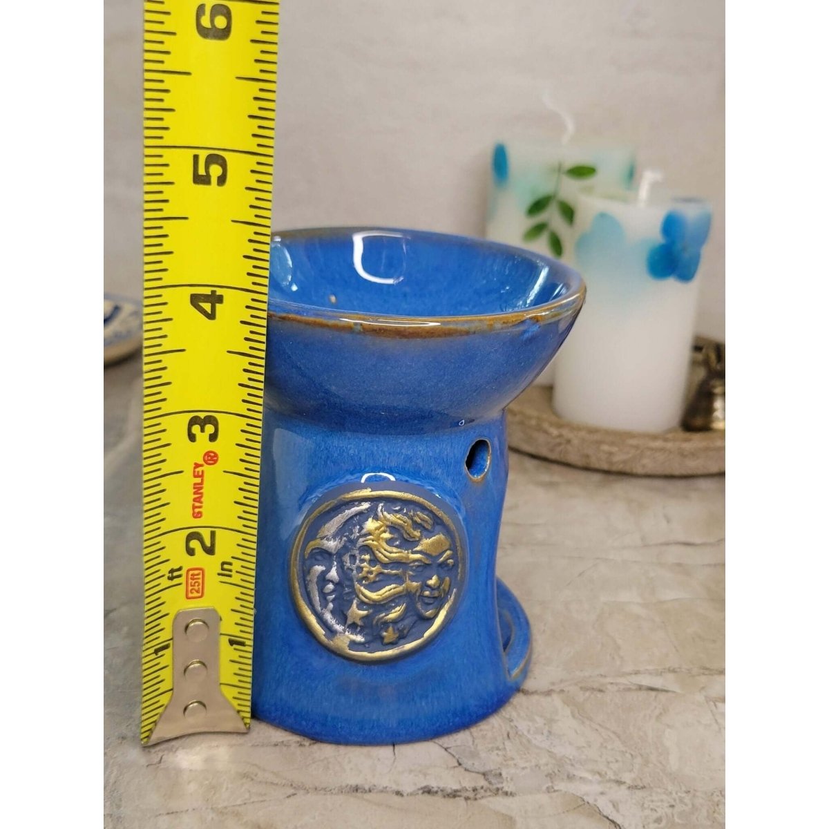 Sun and Moon Blue Oil Burner , Wax Warmer, Metaphysical Décor, Handmade Ceramic -Candle & Oil Warmers