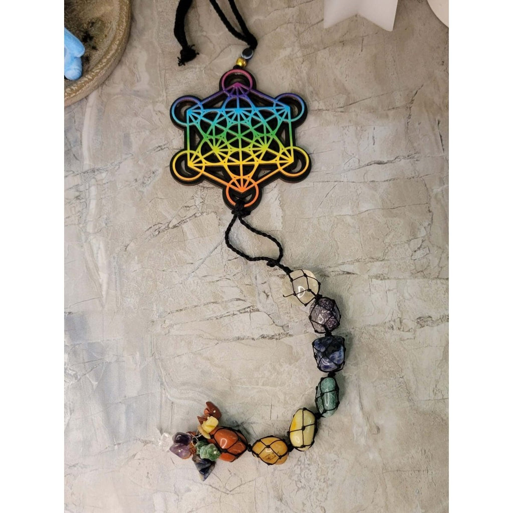 Tie Dye Wooden 7 Chakra Metatron Wall/Car hanging with Tumble Stones -Crystals