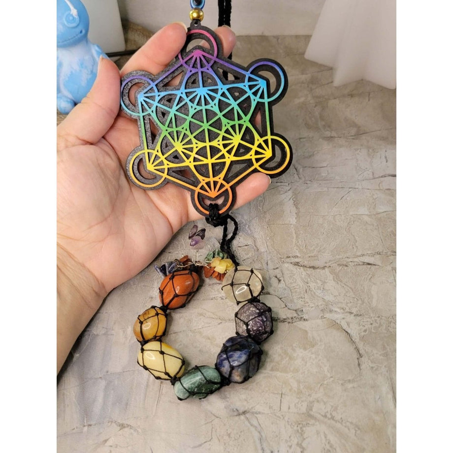 Tie Dye Wooden 7 Chakra Metatron Wall Car hanging with Tumble Stones Crystals My Magic Place Shop