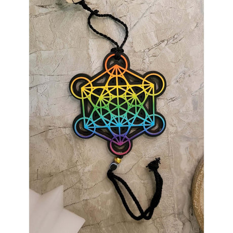 Tie Dye Wooden 7 Chakra Metatron Wall/Car hanging with Tumble Stones -Crystals