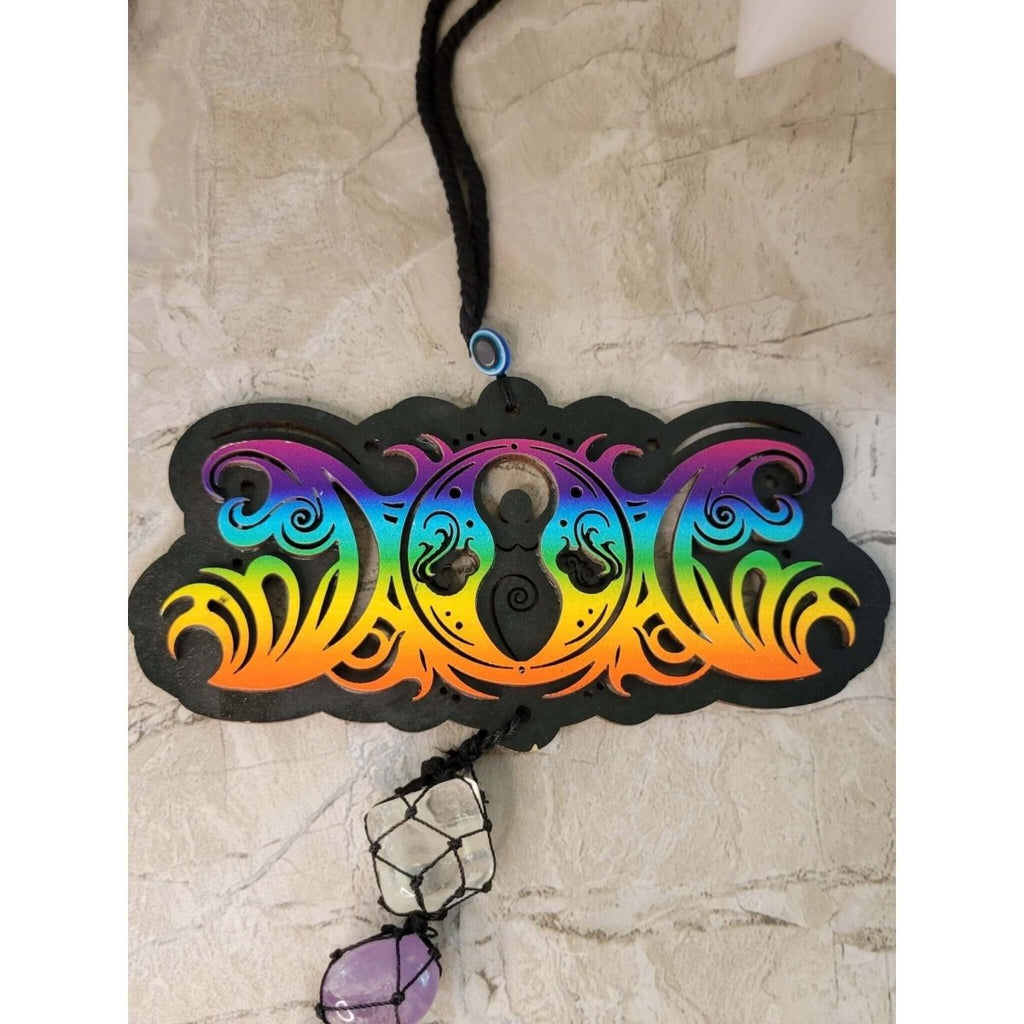 Tie Dye Wooden Goddess of Earth Triple Moon Wall/Car hanging w/ Chakra Tumble Stones -Crystals