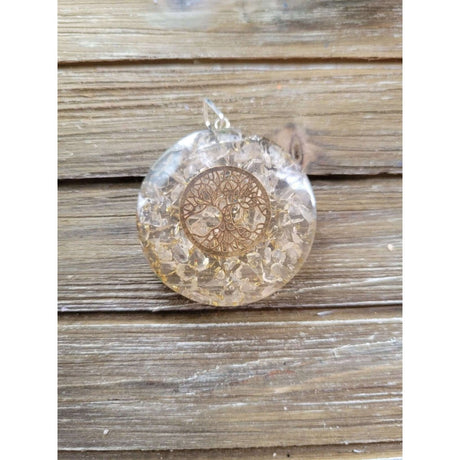 Tree of Life round Selenite Orgone Energy Pendant 1.5" -
