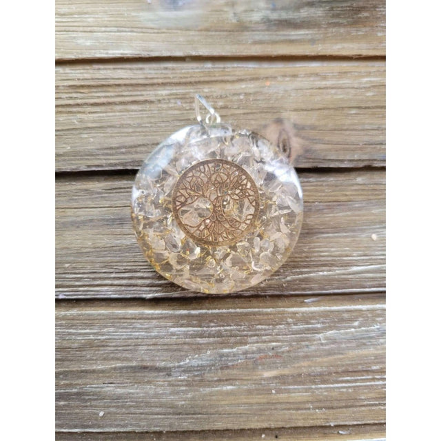 Tree of Life round Selenite Orgone Energy Pendant 1.5" -