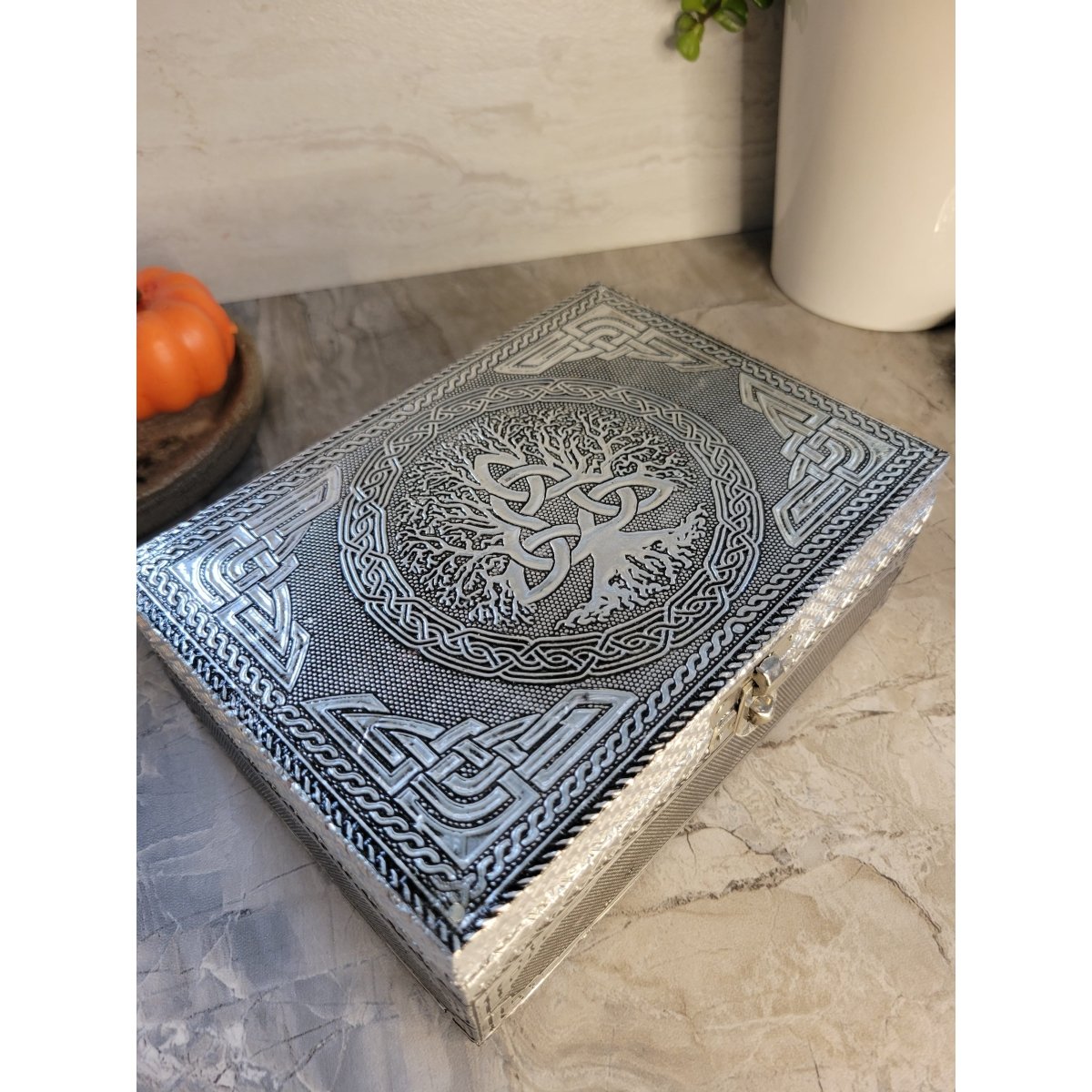 Tree of Life Triquetra handmade carved metal over wood/ tarot box/ altar box -Decor