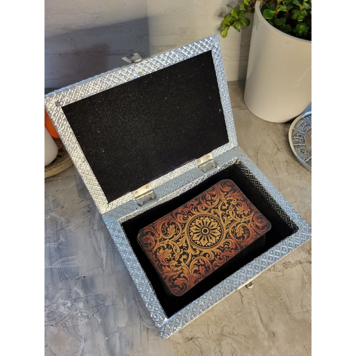 Tree of Life Triquetra handmade carved metal over wood/ tarot box/ altar box -Decor